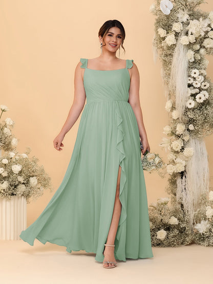 Robes de Demoiselle d'Honneur Grande Taille Ligne A/Princesse Col Carré sans Manches avec Fente Latérale et Volants