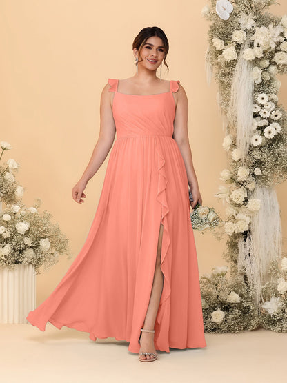 Robes de Demoiselle d'Honneur Grande Taille Ligne A/Princesse Col Carré sans Manches avec Fente Latérale et Volants