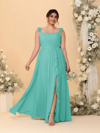 Robes de Demoiselle d'Honneur Grande Taille Ligne A/Princesse Col Carré sans Manches avec Fente Latérale et Volants