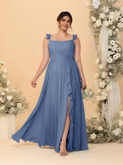 Robes de Demoiselle d'Honneur Grande Taille Ligne A/Princesse Col Carré sans Manches avec Fente Latérale et Volants
