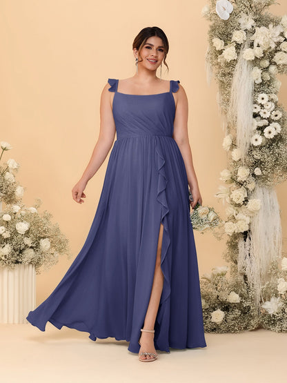 Robes de Demoiselle d'Honneur Grande Taille Ligne A/Princesse Col Carré sans Manches avec Fente Latérale et Volants