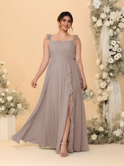 Robes de Demoiselle d'Honneur Grande Taille Ligne A/Princesse Col Carré sans Manches avec Fente Latérale et Volants