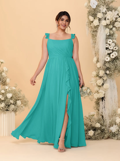 Robes de Demoiselle d'Honneur Grande Taille Ligne A/Princesse Col Carré sans Manches avec Fente Latérale et Volants