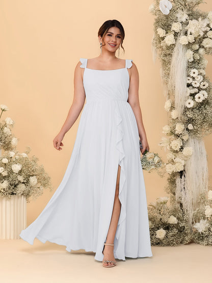 Robes de Demoiselle d'Honneur Grande Taille Ligne A/Princesse Col Carré sans Manches avec Fente Latérale et Volants