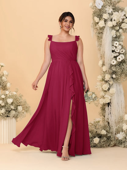 Robes de Demoiselle d'Honneur Grande Taille Ligne A/Princesse Col Carré sans Manches avec Fente Latérale et Volants