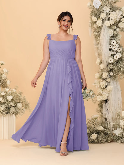 Robes de Demoiselle d'Honneur Grande Taille Ligne A/Princesse Col Carré sans Manches avec Fente Latérale et Volants