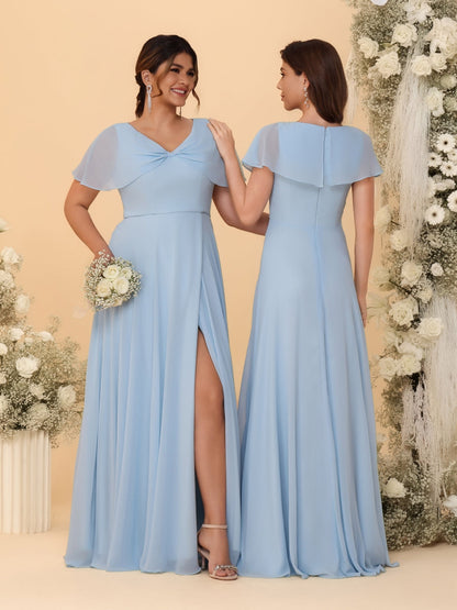 Robes de Demoiselle d'Honneur Longues en Chiffon avec Fente Latérale, Col en V, Manches Courtes, Style A-Ligne/Princesse