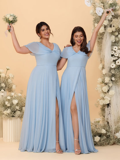 Robes de Demoiselle d'Honneur Longues en Chiffon avec Fente Latérale, Col en V, Manches Courtes, Style A-Ligne/Princesse