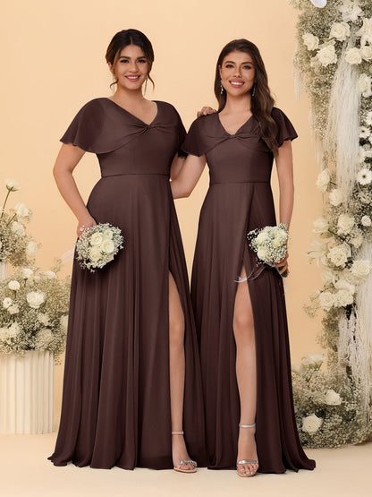Robes de Demoiselle d'Honneur Longues en Chiffon avec Fente Latérale, Col en V, Manches Courtes, Style A-Ligne/Princesse