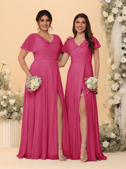 Robes de Demoiselle d'Honneur Longues en Chiffon avec Fente Latérale, Col en V, Manches Courtes, Style A-Ligne/Princesse