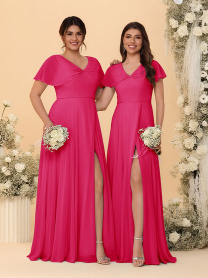 Robes de Demoiselle d'Honneur Longues en Chiffon avec Fente Latérale, Col en V, Manches Courtes, Style A-Ligne/Princesse