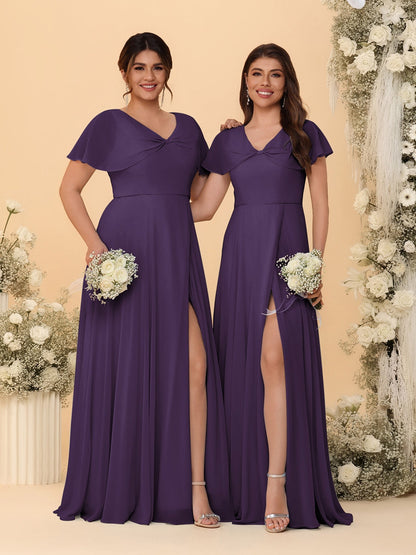 Robes de Demoiselle d'Honneur Longues en Chiffon avec Fente Latérale, Col en V, Manches Courtes, Style A-Ligne/Princesse
