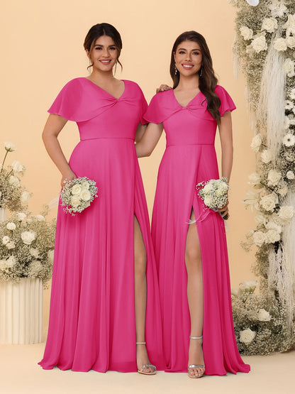 Robes de Demoiselle d'Honneur Longues en Chiffon avec Fente Latérale, Col en V, Manches Courtes, Style A-Ligne/Princesse