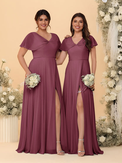 Robes de Demoiselle d'Honneur Longues en Chiffon avec Fente Latérale, Col en V, Manches Courtes, Style A-Ligne/Princesse