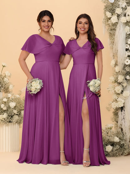 Robes de Demoiselle d'Honneur Longues en Chiffon avec Fente Latérale, Col en V, Manches Courtes, Style A-Ligne/Princesse
