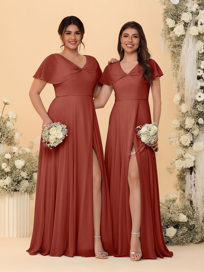 Robes de Demoiselle d'Honneur Longues en Chiffon avec Fente Latérale, Col en V, Manches Courtes, Style A-Ligne/Princesse