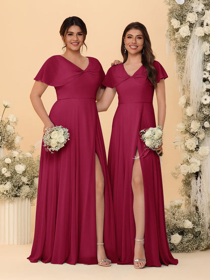 Robes de Demoiselle d'Honneur Longues en Chiffon avec Fente Latérale, Col en V, Manches Courtes, Style A-Ligne/Princesse