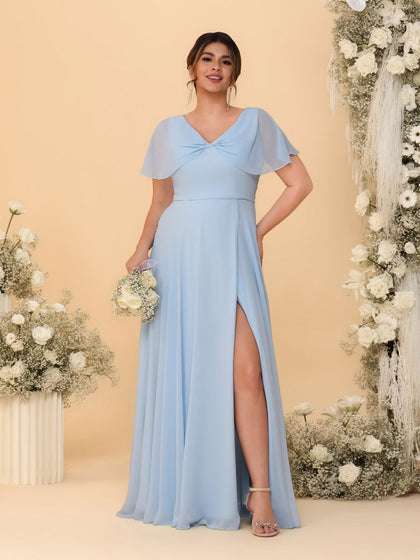Robes de Demoiselle d'Honneur Grande Taille Ligne A/Princesse Col V Manches Courtes avec Fente Latérale