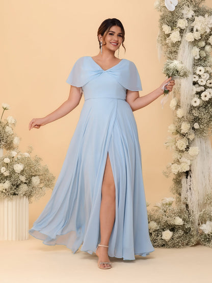 Robes de Demoiselle d'Honneur Grande Taille Ligne A/Princesse Col V Manches Courtes avec Fente Latérale