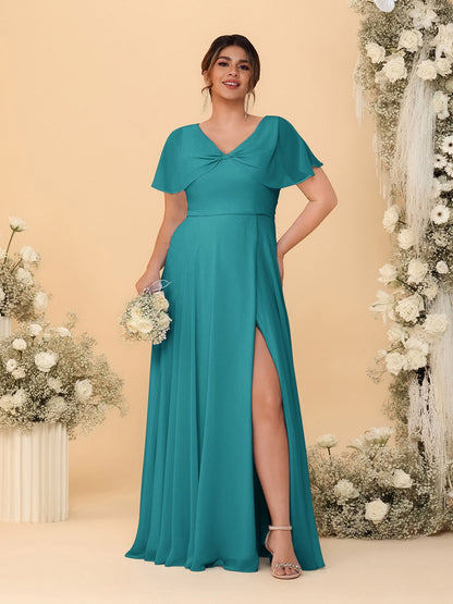 Robes de Demoiselle d'Honneur Grande Taille Ligne A/Princesse Col V Manches Courtes avec Fente Latérale