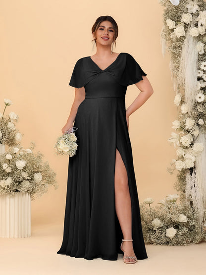 Robes de Demoiselle d'Honneur Grande Taille Ligne A/Princesse Col V Manches Courtes avec Fente Latérale