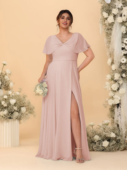 Robes de Demoiselle d'Honneur Grande Taille Ligne A/Princesse Col V Manches Courtes avec Fente Latérale