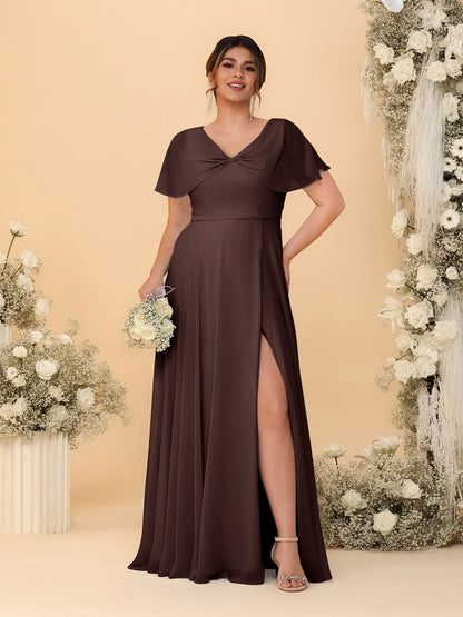 Robes de Demoiselle d'Honneur Grande Taille Ligne A/Princesse Col V Manches Courtes avec Fente Latérale