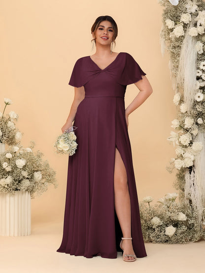 Robes de Demoiselle d'Honneur Grande Taille Ligne A/Princesse Col V Manches Courtes avec Fente Latérale