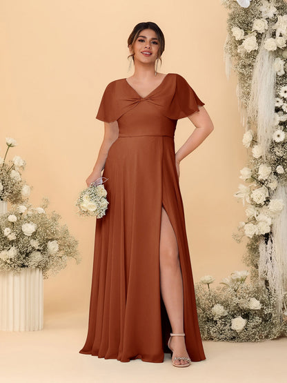 Robes de Demoiselle d'Honneur Grande Taille Ligne A/Princesse Col V Manches Courtes avec Fente Latérale