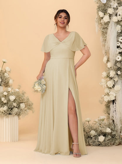 Robes de Demoiselle d'Honneur Grande Taille Ligne A/Princesse Col V Manches Courtes avec Fente Latérale