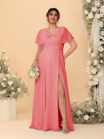 Robes de Demoiselle d'Honneur Grande Taille Ligne A/Princesse Col V Manches Courtes avec Fente Latérale