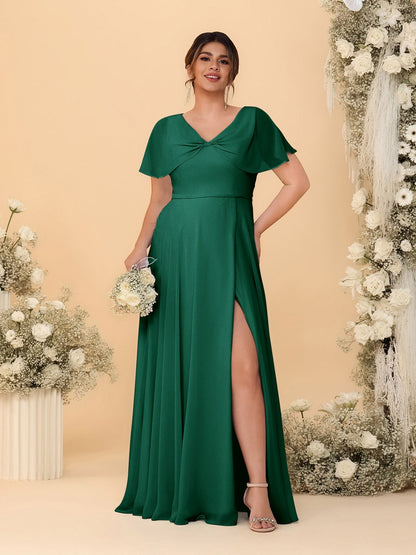 Robes de Demoiselle d'Honneur Grande Taille Ligne A/Princesse Col V Manches Courtes avec Fente Latérale