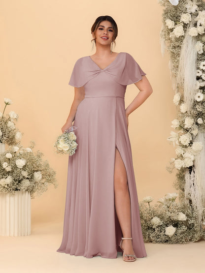 Robes de Demoiselle d'Honneur Grande Taille Ligne A/Princesse Col V Manches Courtes avec Fente Latérale