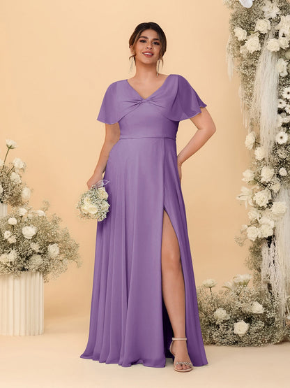 Robes de Demoiselle d'Honneur Grande Taille Ligne A/Princesse Col V Manches Courtes avec Fente Latérale