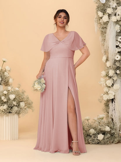 Robes de Demoiselle d'Honneur Grande Taille Ligne A/Princesse Col V Manches Courtes avec Fente Latérale