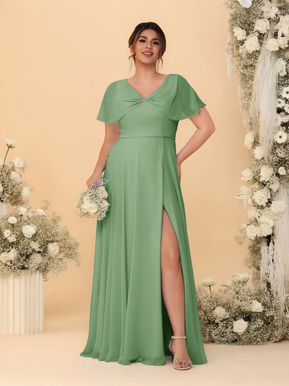 Robes de Demoiselle d'Honneur Grande Taille Ligne A/Princesse Col V Manches Courtes avec Fente Latérale