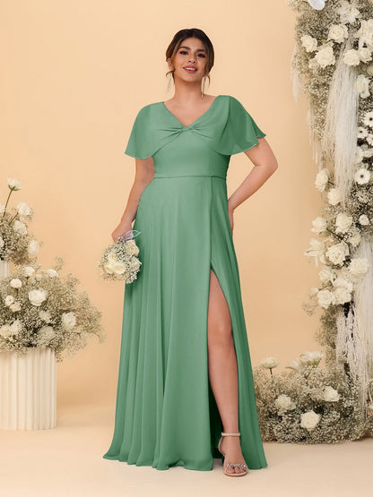 Robes de Demoiselle d'Honneur Grande Taille Ligne A/Princesse Col V Manches Courtes avec Fente Latérale