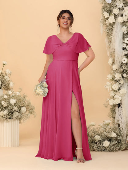 Robes de Demoiselle d'Honneur Grande Taille Ligne A/Princesse Col V Manches Courtes avec Fente Latérale