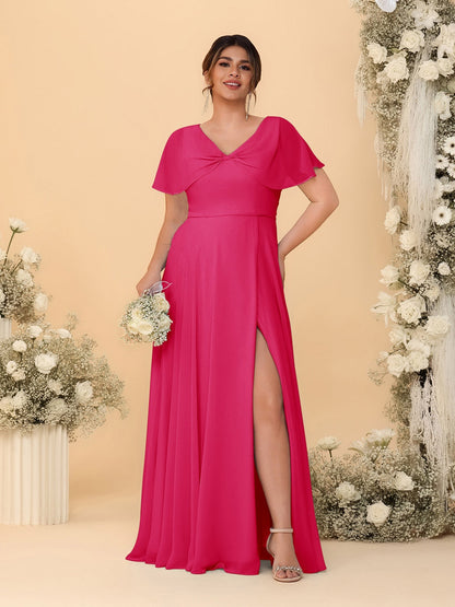Robes de Demoiselle d'Honneur Grande Taille Ligne A/Princesse Col V Manches Courtes avec Fente Latérale