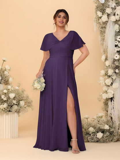 Robes de Demoiselle d'Honneur Grande Taille Ligne A/Princesse Col V Manches Courtes avec Fente Latérale