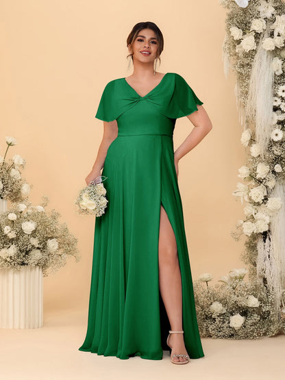 Robes de Demoiselle d'Honneur Grande Taille Ligne A/Princesse Col V Manches Courtes avec Fente Latérale