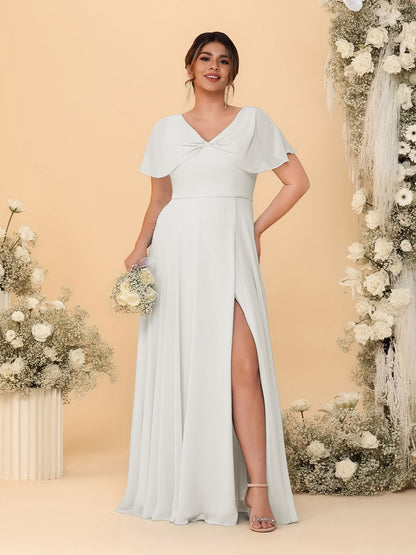 Robes de Demoiselle d'Honneur Grande Taille Ligne A/Princesse Col V Manches Courtes avec Fente Latérale