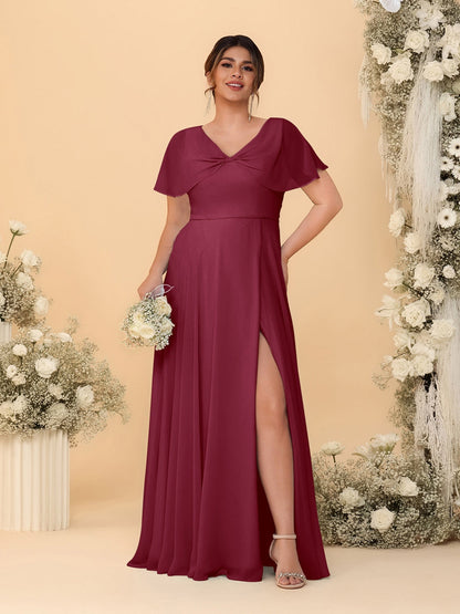Robes de Demoiselle d'Honneur Grande Taille Ligne A/Princesse Col V Manches Courtes avec Fente Latérale