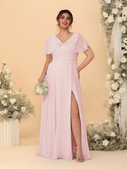 Robes de Demoiselle d'Honneur Grande Taille Ligne A/Princesse Col V Manches Courtes avec Fente Latérale