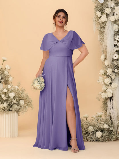 Robes de Demoiselle d'Honneur Grande Taille Ligne A/Princesse Col V Manches Courtes avec Fente Latérale