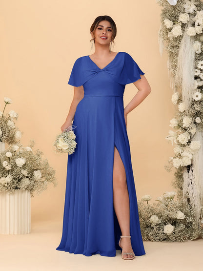 Robes de Demoiselle d'Honneur Grande Taille Ligne A/Princesse Col V Manches Courtes avec Fente Latérale