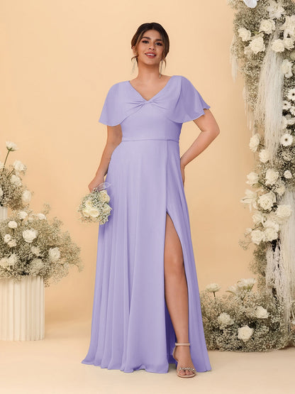 Robes de Demoiselle d'Honneur Grande Taille Ligne A/Princesse Col V Manches Courtes avec Fente Latérale