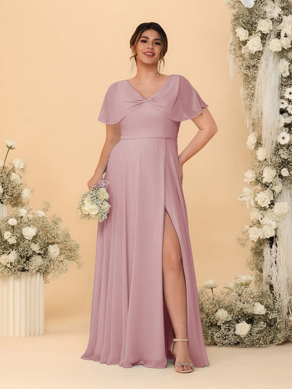 Robes de Demoiselle d'Honneur Grande Taille Ligne A/Princesse Col V Manches Courtes avec Fente Latérale