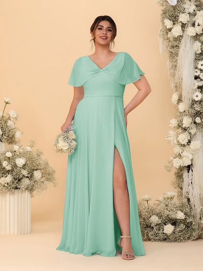 Robes de Demoiselle d'Honneur Grande Taille Ligne A/Princesse Col V Manches Courtes avec Fente Latérale