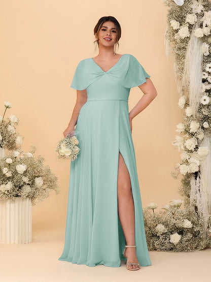 Robes de Demoiselle d'Honneur Grande Taille Ligne A/Princesse Col V Manches Courtes avec Fente Latérale
